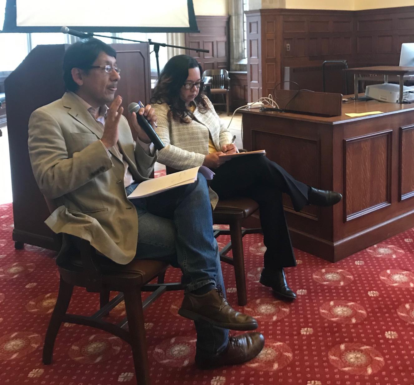 Felix Reategui and Irina Junieles, answering questions from students attending the colloquium “Memory, Truth and Justice: Lessons from the Peace Processes in South America”